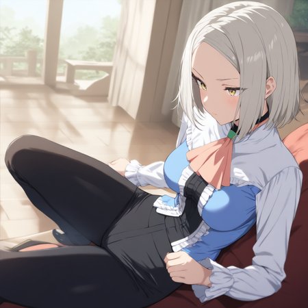 solo,masterpiece,high score,great score,absurdres,<lora:Yukine_Mare ag4o v1:1> yukine_mare, grey hair, short hair, yellow eyes,ascot,frills,long sleeves,pants,