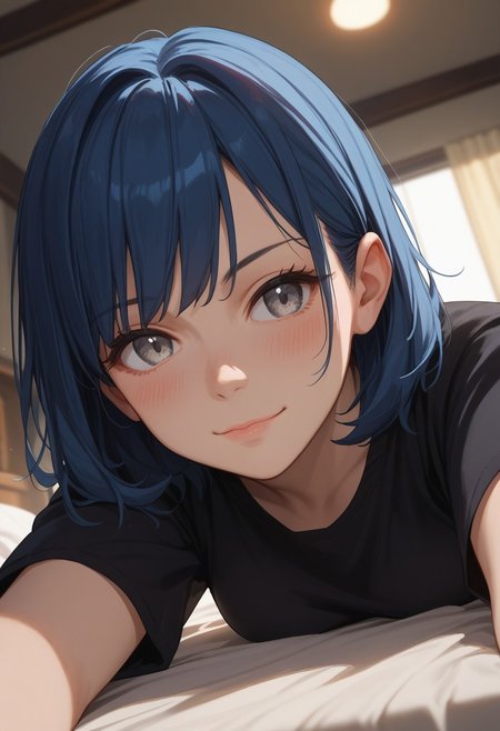 (score_9, score_8_up, score_7_up), 1girl, solo, blue hair, grey eyes, medium hair, medium breasts, wide hips, bangs, dynamic lighting, indoors, dutch angle,  relaxed, lying on stomach, on bed, face focus, (close-up:1.4), black t-shirt,, smug, blush, looking away