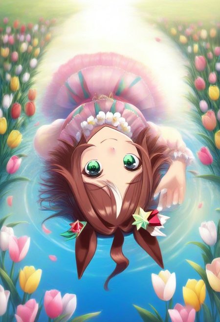 (umamusume, rhein_kraft_(umamusume), horse_ears, horse_girl, tail, 1girl, ahoge, animal_ears,)
casual, Tulip,Tulip flower, Tulip flower_field, 
head_wreath, looking_at_viewer,  solo, aesthetic, absurdres, symmetric , , g0ldsw0rthy,
(realistic, photo,  artistic, medium_hair, one_eye_closed, petals, relaxing, smile, spiralling vortex made of multicoloured tulips, lush foliage sunrise,  ripples, reflective, jaynl-tm, rainbow,green_eyes, hair_between_eyes, hair_ornament,  : 0.7)