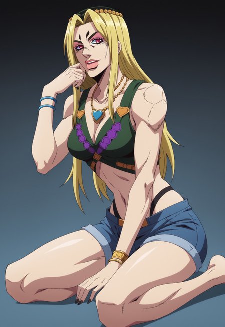 safe_pos, score_9, score_8_up, score_7_up, BREAK, 1girl, eyeshadow, dark circles under the eyes, tired eyes, sensual mischievous smile, very long and disheveled blonde hair, neck jewelry, yellowish skin, black nails, barefoot, cropped tank top, short denim shorts,hippie bracelets with jewelry, posing