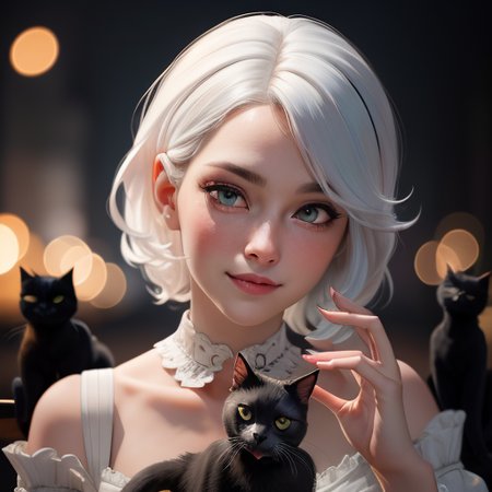 Ultra-High-Definition,8k,UHD,HDR,(Masterpiece:1.5),RAW photo,film grain,(best quality:1.5),((Cute girl plays with black cat)) ,(white hair),(photorealistic),beautiful lighting,realistic,real picture,intricate details,depth of field,Beautiful lighting,((bokeh))low-key lighting,shot on a nikon D800 objetive 50 mm.aperture 1.2  <lora:3DMM_V12:1>