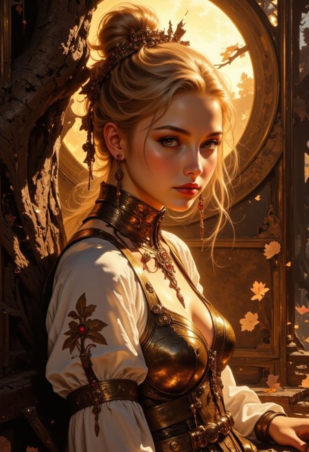 (vintagegirls:1.2)  Soft, golden moonlight filters through the gnarled branches of a magnificent, ancient oak tree, illuminating a tender intimate moment of reflection, captured in a warm, Film Noir-inspired photograph, reminiscent of Orson Welles' cinematography. A petite, lithe Finnish woman with delicate features and golden blonde hair gathered loosely on top of her head, adorned with eclectic, vintage-inspired jewelry and a flowing bohemian outfit, complete with intricate lace, tassels, and delicate floral patterns that shimmer in the moon's gentle light, leans against the old oak, looking towards the camera with a slight, enigmatic smile.