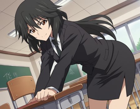 score_9, score_8_up, score_7_up, source_anime,
chifuyuorimura, <lora:chifuyu-orimura-s2-ponyxl-lora-nochekaiser:1>,
chifuyu orimura, long hair, bangs, black hair, hair between eyes, brown eyes,
skirt, shirt, long sleeves, jacket, white shirt, necktie, black skirt, black jacket, formal, suit, black necktie, pencil skirt, skirt suit,
indoors, classroom, bent over, smile,
looking at viewer, cowboy shot, solo, dutch angle,