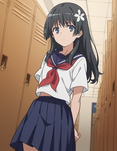 score_9, score_8_up, score_7_up, source_anime, <lora:saten-ruiko-s3-ponyxl-lora-nochekaiser:1>, saten ruiko, black hair, blue eyes, long hair, hair ornament, flower ornament,, blue skirt, pleated skirt, sakugawa school uniform, school uniform, serafuku, skirt, summer uniform,, school hallway, lockers, between classes, everyday life, , looking at viewer, foot on tiptoe, hand behind back, elbow bent, solo,, cowboy shot, dutch angle
