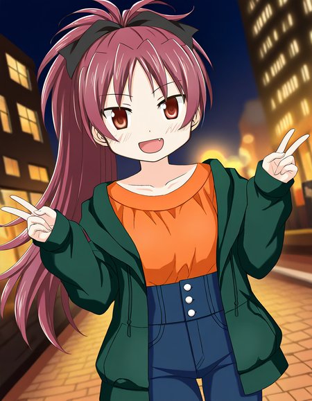 masterpiece, best quality, newest, absurdres, highres, safe, 1girl, sakura kyoko \(casual ver.\), magia record: mahou shoujo madoka magica gaiden, orange shirt, green jacket, blue jeans, solo, night, outdoors, dutch angle, <lora:sakura_kyoko_noobaiXLNAIXL_vPred10Version:0.7>