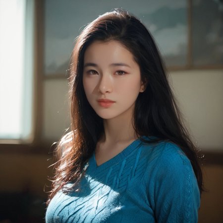 [2]a stunning real medium breasts Korean woman with long, flowing dark hair, her piercing gaze directly addressing the viewer. score_9, score_8_up, score_7_up, 4k, high quality, (best quality:1.1), realistic, photorealistic, close-up, upper body, (ultra HD quality details), High Fashion, A highly detailed, realistic digital photo of a Korean woman 28yo with a pale complexion, emphasizing her enigmatic and mystical aura,, high resolution, rich textures, and contemplative mood. Her eyes are a deep piercing and  brown, dynamic, dramatic, haute couture, elegant, ornate clothing, dark straight hair with a few loose strands framing her face, against a cyan gradient background, balloon, sweater, blue sweater, brown eyes, looking at viewer, blurry, realistic, long sleeves, upper body, blurry background, closed mouth, bangs, indoors, <lora:AikoPonyGMV1:1:lbw=OUT03,OUT04,OUT05>, Aiko, <lora:yamamura_sadako_pdxl_goofy:0.7:lbw=IN01,IN02,IN04,IN05,IN07,IN08,MID>, Realistic photograph, Movie light, film grain, <lora:add-detail-xl:0.5>, <lora:Expressive_H-000001:1.2>, <lora:IzayoiLycoXL:0.3>, embedding:pureerosface_v1, clean white dress, a stunning real medium breasts Japanese woman with long, flowing dark hair, her piercing gaze directly addressing the viewer.