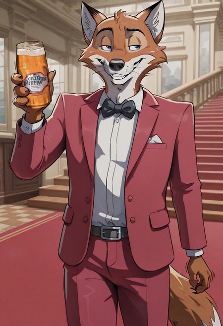 detailed background, cowboy shot, solo, 1boy, adult, Henrythefox, fox, solo, 1boy, ((expressive)), ((body movement, hand movement)), outdoors, in front of casino, standing in front of black limo, holding bottle of beer, red suit jacket, camera flashes, red carpet, luxurious vibes, white dress shirt, black bow tie, seductive smile, big iris, pupils shown, detailed scenery, masterpiece, best quality, very aesthetic, newest, masterpiece, best quality, amazing quality, very aesthetic, absurdres, newest,, high res, ultra detailed, best quality, best artwork, detailed eyes, (eyes focus), perfect eyes, big iris, pupils visible, anthro hands, claws, 4k, ultra quality, perfect face, absurdres,masterpiece,best quality,amazing