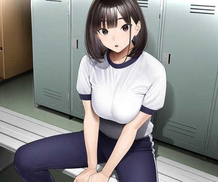 masterpiece, best quality, amazing quality,  sfw, 1girl, solo,  looking at viewer,   open mouth, indoors, gym uniform, pants,  medium hair, expressionless,  sitting, locker room,   <lora:Zikataro style ILL-v2:1> zikataro_style