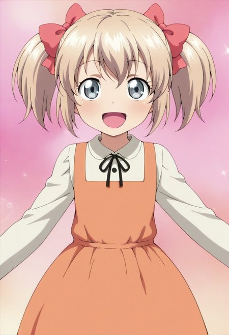 masterpiece,best quality,amazing quality,  latina, 1girl, solo, smile, short hair, open mouth, blonde hair, dress, bow, ribbon, twintails, :d, hair bow,grey eyes
