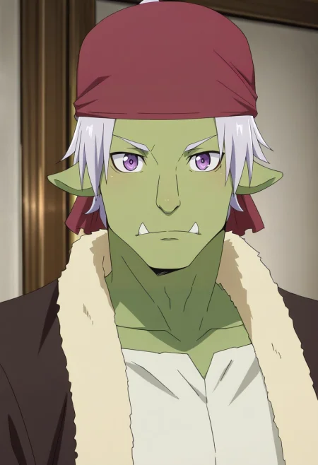 masterpiece, best quality, intricate details, anime screencap, anime coloring, official style, looking at viewer, 1boy, solo, male focus, <lora:rigur_tensura_ilxl:0.9>, rigur_tensura, grey hair, purple eyes, pointy ears, colored skin, green skin, goblin, bandana, tusks, ponytail,