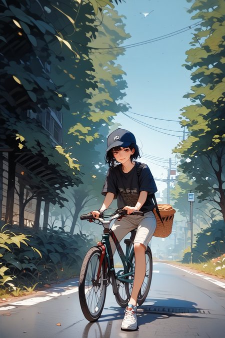 score_9, score_8_up, score_7_up, score_6_up, score_5_up, score_4_up, source_anime, 1girl, solo, 18yo, (slim face:1.5), (bangs:1.2), skinny, thin body, wide hips, thin thighs,
<lora:age_slider_v4:2> <lora:Expressive_H:1><lora:Kenva:0.8> <lora:naipf:0.6>
ground vehicle, bicycle, tree, outdoors, road, black hair, short hair, brown eyes, white baseball cap, light smile, bangs, day, bicycle basket, pants, pavement, riding, solo focus, shoes, street,