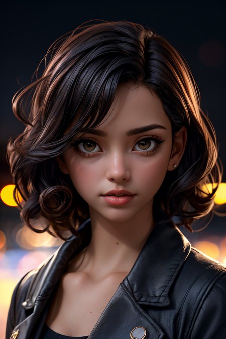 <lora:Sexy-Brazilian:1>  black curly hair, hazel eyes, full lips, solo, looking at viewer, city background, blurred background, bokeh, deep of field, kkw-ph1, <lora:LORA-XenoDetailer-v2:1>