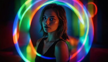 woman, circle, neon reflections, strange, colorful, beautiful, intense artificial light