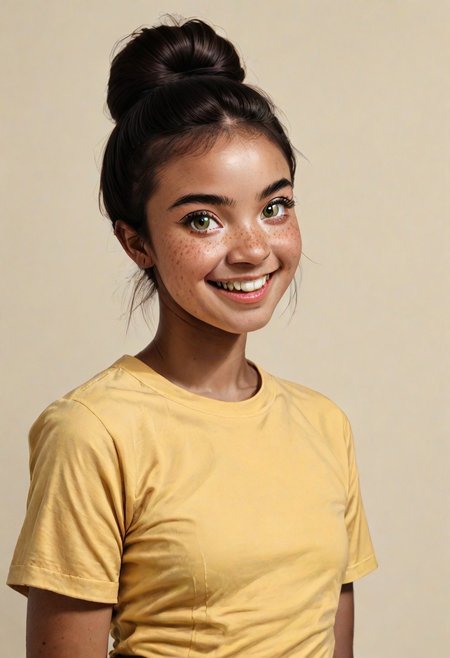 score_9, score_8_up 
BREAK 
1girl, (dark skin:0.4), prettyface, Manic Pixie, dark hair, hairbun, freckles, cute smile, yellow t-shirt, friendly, seductive, (girl next door:1.5), teeth visible 
BREAK 
FOV medium shot, simple background