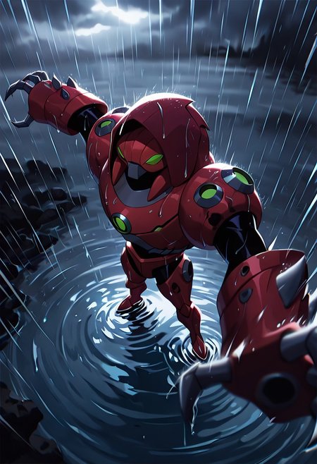 masterpiece, best quality, amazing quality, very aesthetic, absurdres, newest,, detailed background, 
waterhazard, solo, red armor, red hood up, , helmet, mecha, alien, claws, green eyes
heavy rain, dark sky, grey sky, wide spread arms, enjoying the rain, from above, puddles of water, rain puddles, water droplets on camera, camera lens blur, depth of field, foreground blur, wet lens,