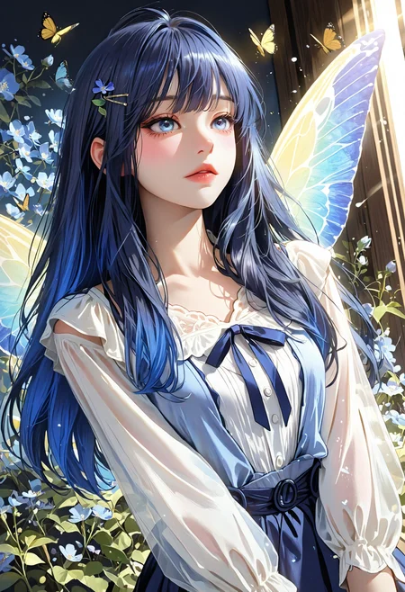 best quality,masterpiece,absurdres,newest,
(strong lighting:1.1), (soft lighting:1.2),(moody lighting:1.2),,(light rays),
(dramatic angle,dynamic angle,dynamic pose:1.2),
(alzi xiaomI:1.4),(mogumo:1.2),,(starshadowmagician),
This is a vibrant digital anime-style illustration depicting a young woman amidst a lush garden of vivid purple and blue flowers, surrounded by a multitude of butterflies. The woman, with a fair complexion and striking blue eyes, has short, dark blue hair with a subtle gradient of lighter blue and white highlights. Her hair is styled in a playful manner, with some strands swept to the side and adorned with delicate flower hairpins. She wears a white, semi-sheer blouse with long sleeves, paired with a dark blue tie and a matching skirt. The blouse is slightly translucent, revealing a glimpse of her skin underneath. Her expression is calm and serene, and she holds a bright yellow butterfly delicately in her hands.
The background is a kaleidoscope of colors with flowers in various stages of bloom, creating a sense of depth and vibrancy. The flowers are detailed with rich textures and shadows, enhancing the realism of the digital artwork. The butterflies, particularly the large green one in the foreground, are intricately detailed with delicate wings that shimmer in the sunlight. The overall atmosphere of the image is tranquil and enchanting, capturing a moment of peaceful interaction with nature.
<lora:DetailedEyes_V3:1>  <lora:KoreanStyleSDXLvpred10:1> AiKoreanStyle, lips, korean, asian <lora:KRGRL-IL:1>