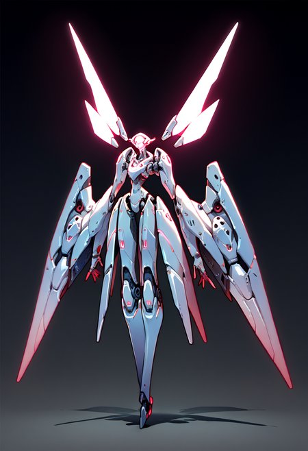 Score_9, score_8_up, score_7_up, score_6_up,  source_anime, 1girl, solo, mechanical, full body, black backdrop, mecha, neon trim, glowing parts, glowing eyes,  huge wings, angel, <lora:cool_ASF_mecha_MIX:1>