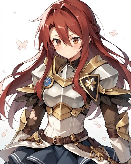 score_9, score_8_up, score_7_up, score_6_up, score_5_up, score_4_up, BREAK source_anime,<lora:add-detail-xl:1>,<lora:Expressive_H:1>,
<lora:Raquna Sheldon_PONY:1>,raquna sheldon, 1girl, solo, red hair, long hair, hair between eyes,brown eyes, armor, shoulder armor, breastplate, pantyhose, skirt,