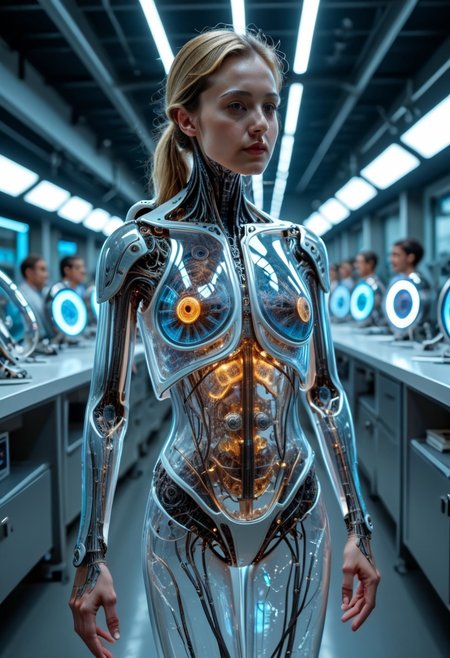 BODY SHOT, extremely detailed, 8k, BEAUTIFUL BLONDE FEMALE ANDROID, IN A HIGH TECH FUTURISTIC LABORATORY, LEDS, BIOMECHANICAL BODY PARTS, (TRANSPARENT ULTRA DETAILED BODY shell:1.5) SHOWING blue and gold CIRCUITRY shining bright INSIDE THE BODY, Detailed hand, (DYNAMIC POSES :1.5),  ,EyesHD,pureerosface_v1