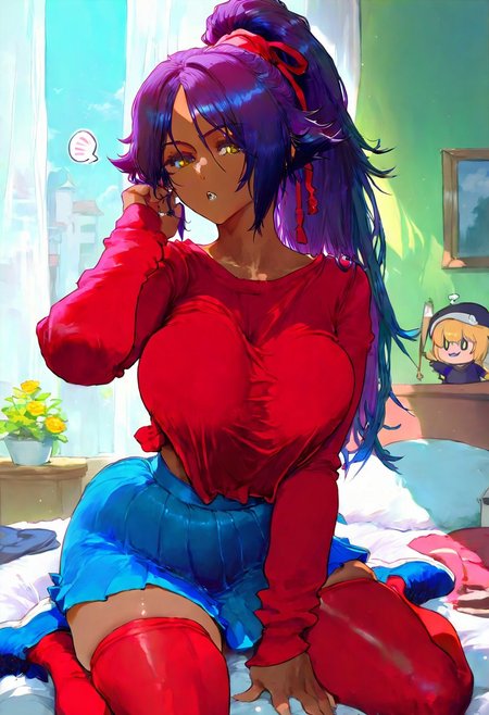 Masterpiece, Best Quality,Best Score, Best anatomy,ultra deitailed, detailed shiny brilliant yellow eyes, the bedroom, detailed background, 
very sleepy, (Yoruichi Shihouin):2, 1girl, (dark-skinned), purple hair, ponytail, large breasts, shiny teeth, red sweatshirt, blue skirt, red legwear, blue shoes, mita's clothes,
<lora:add-detail-xl:1>, <lora:nyalia_NoobXL:0.3>, 
<lora:cutesexyrobutts_style_illustrious_goofy:0.2>,  <lora:nabibutterILLUS:0.1>, usnr, <lora:USNR STYLE_XL_loha:0.9>,