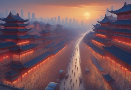 symphtia-style, score_9, score_8_up, score_7_up, masterpiece, best quality, absurdres, vibrant, highly detailed, a landscape picture of a bustling chinese city, evening lights, sunset in the horizon
