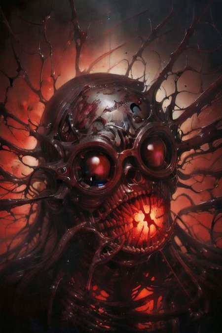 (Realistic:1.5) EdobHorrorLandscape , backlighting, 1humanoid, blood,  out, red, black background, star (sky), goggles, looking at viewer, very wide shot, <lora:EdobHorrorLandscape_v1.0:0.8>