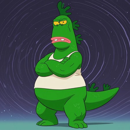 1boy, 2d, solo, male, Mrgus, dinosaur, green skin, scalie, scales, pink lips, buckteeth, yellow sclera, black eyes, tail, three toes, tank top, chubby, bottomless, half closed eyes, 

BREAK upper body focus, standing, looking at viewer, abstract background, arms crossed, 

BREAK best quality, amazing quality, very aesthetic, absurdres, newest, masterpiece 