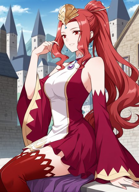 <lora:Cao_Ying__Battle_Through_the_Heavens__Illustrious:1>
1girl, solo, red eyes, sharp eyes, long hair, high ponytail, red hair, ahoge, hair ribbon, hair ornament, wavy hair, sidelocks, anime style, 
fantasy outfit, ornate dress, sleeveless dress, off shoulder, high collar, flared sleeves, asymmetrical skirt, short dress, wide sleeves, detached sleeves, red sleeves, red thighhighs, thigh boots, red boots, fantasy outfit, ornate dress, gemstone necklace, tiara,forehead jewel, earrings, elegant, royal, fantasy girl, 
score_9, score_8_up, score_7_up, very aesthetic, source_anime, detailed, high quality, beautiful, masterpiece, detailed eyes, castle, village, blurry background, cityscape, pose dynamic angle, light smile, open mouth, hand on hair, sitting