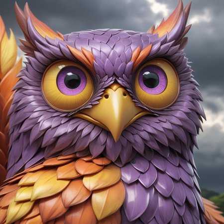 Shiny scaleboundsdxl,Up in the sky, cloudy,TweedleMSM, purple body, cover dark clouds scales, owl, ears, orange tips on head orange tips on butt, light yellow beak, light purple eyes, light green sclera, colored sclera, light yellow talons,solo,female1, ^w^, ( detail realistic), beautiful detail, high-quality, face close up,