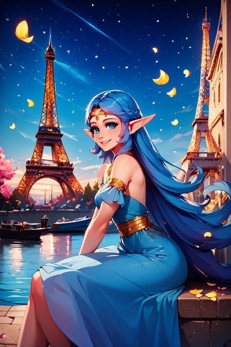 score_9, score_8_up, score_8, medium breasts, (curvy), cute, eyelashes,       BREAK, , <lora:NayruZelda_PDXL_epoch02:0.8>,  zzNayru, blue hair, dress, bare shoulders, jewelry, very long hair, blue dress, elf, circlet, BREAK,  zzEiffelTower in background, sitting, watercraft, boat, sitting on wall, side view, looking at viewer, smile,  BREAK, blooming stars, luminescent petals, otherworldly fragrance blurry background, embedding:zPDXL, Expressiveh, <lora:EiffelTowerPDXL:0.8>,  <lora:CatalystStylePDXL:0.6>,  <lora:SDXLFaeTastic2400:0.5>,  <lora:Expressive_H-000001:0.4>,