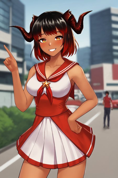 score_9, 
<lora:adcvr_v1_lite:1>, adcvr, tan, 
magical girl, 
serafuku, 
dress, short skirt, smile, 
outdoors, city, blurry background, 
high resolution, Masterpiece