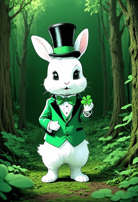 monoprone, 3d cartoon of a cute white rabbit standing in a dense forest, wearing a green tuxedo and top hat, holding a four-leaf clover in hand, Ink Illustration, bold lines, flat design, solid colors, clean lines