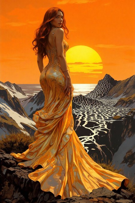 A woman with warm olive skin and long, cascading auburn curls stands on the edge of a jagged cliff under a fiery orange sky. Her gown, a Met Gala-inspired masterpiece, is a golden, flowing fabric molded into liquid-like waves that ripple outward, creating the illusion of movement. The cliff’s surface is a complex optical illusion of interlocking black-and-white hexagons that appear to collapse into the horizon. Her pose is elegant and contemplative: one hand rests on her hip, the other outstretched toward the horizon, her back arched slightly, emphasizing the gown’s fluid drapery as it spills over the illusionary edge. The design echoes the molten aesthetics of Iris van Herpen and the visual distortion of Victor Vasarely. High quality rendering. 8K.