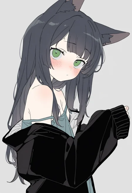 masterpiece,best quality,amazing quality,
1girl, solo, looking at viewer, green eyes, black hair, upper body, jacket, black jacket, off shoulder, bangs, bare shoulders, animal ears, blush, long sleeves, sleeves past wrists, open clothes, from side,
 <lora:Dayama_epoch_8:1>