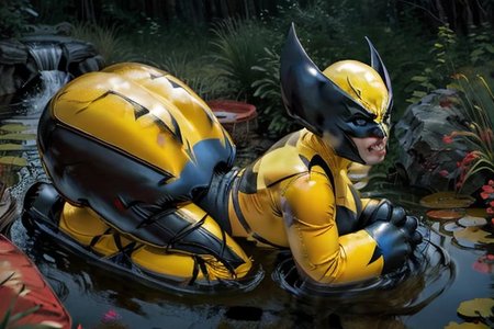 (pooltoy:0.9), floating on pond, canadian wilderness  masterpiece ,best quality, side view, full body, sideview, short, (wolverine costume), wolverine mask, butch woman, solo, claws superhero, breasts