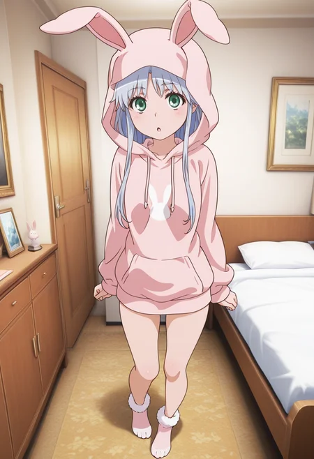 newest, masterpiece, best quality, 4k,
indoors,bedroom, very aesthetic, detailed background, full body,
1girl, solo,   <lora:Index:1> 1ndex, index (toaru majutsu no index), grey hair, long hair, green eyes,pink hoodie, hood up, fake animal ears, rabbit ears,looking at viewer, :O
