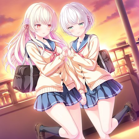 masterpiece,best quality,amazing quality,2girls, 
serika,white hair,short_hair, red_eyes, light_smile,school_uniform,
Hazuki,
long hair,blonde hair,green eyes,hair flower,hair ribbon,hair ornament,
sailor collar,yellow cardigan,blue pleated skirt,black socks,school bag,
standing on one leg，
holding hands,
