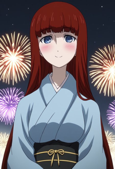rating_safe, Ultra-high-detailed Anime illustration of Kagari Shiina from Anime Steins;Gate 0. 
The artwork features Kagari in a solo, full body, standing position with a outdoors, flield, and night background. night time. night. stars.
She is depicted with intricate details showcasing her large breasts, natural_breasts. She is a white skinned, 22 years old woman. Kagari is looking_at_viewer with perfect_eyes, Her pupils are highly detailed. The eyes are open. blue eyes. Kagari's eyes are highlighted. Highlighted eyevrows. 
She has long hair, red colored hair, styled in blunt bangs and floating hair.
She is wearing a blue kimono and black shoes. japanese kimono, kimono.
The artistic style is intricate_details_xl with a focus on Anime art. The color palette emphasizes red and black with detailed strokes to bring out the character's features. The lighting creates dramatic shadows and highlights, adding depth to the artwork. The perspective is from a face focus, dutch angle to enhance the impact of the character's expression. This masterpiece is a true portrayal of Kagari's complex personality and will captivate any fan of Kagari. uncensored, upper body, blushing, smile, Kagari Shiina,
perfecteyes,
<lora:Steins_Gate:1>
kimono
happy new year!, Happy New Year fireworks, Happy New Years, golden colored fireworks