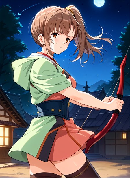 score_9,score_8_up,score_7_up,source_anime,anime,nsfw,rating_explicit,uncensored,High quality,Ultra detailed,best quality,insanely detailed,beautiful,masterpiece,prefect lighting BREAK
<lora:kajika_V1:1>,(kajika, brown hair, brown eyes, side ponytail, long hair, japanese clothes, thighhighs),1girl,solo,serious,holding_arrow,outdoors,night,from_side,solo_focus,looking_at_viewer