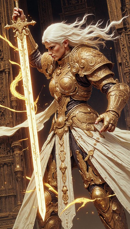 Comic book style, A valkyrie warrior priestess, with diaphanous white robes and ornate gilded armor, wielding a radiant longsword, imbued with celestial energy, emanating outward in swirling gilded trails. Dynamic three-quarter shot, emphasizing the warrior's power and ethereal grace. Opulent, ornate cathedral interior background, bathed in soft, ethereal light.