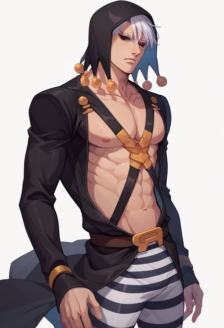 score_9, score_8_up, score_7_up, source_anime, solo, 1boy, man, sexy man, muscular, pectorals, Risotto Nero, white hair, short hair, black sclera, red eyes, hat, hood, black coat, belt, striped pants, serious, halfbody, looking at viewer, standing, white background