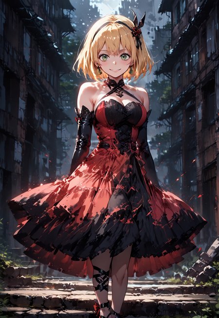 safe_pos, score_9, score_8_up, score_7_up, source_anime, moriyamashiemi, shiemi, blonde hair, short hair, blunt bangs, green eyes,smile, 

medium breasts, hair ornament, 

ShinyStyle,

(two colored dress, black dress. red dress)
SteelLadyNanaseDress, frilled dress, criss-cross halter, (crosslace corset), thigh straps, black elbow gloves, glossy gloves, red highheels, red bow, black bow,  bare shoulders
