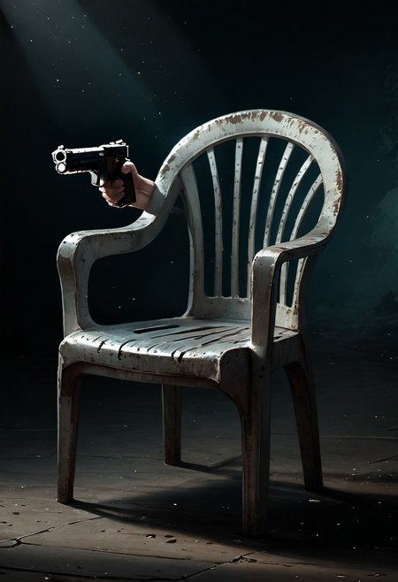 score_9, score_8_up, score_7, photograph, artistic photorealism, detailed, bokeh, perfect balanced, deep fine borders, smooth, arstation, dof, Expressiveh, BREAK, score_9, score_8_up, score_7_up, plastic chair, disembodied hand, hand gun