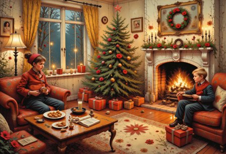 Little boy in a New Year's sconce hangs a red New Year's toy on a New Year's tree in christmas living room, Christmas atmosphere