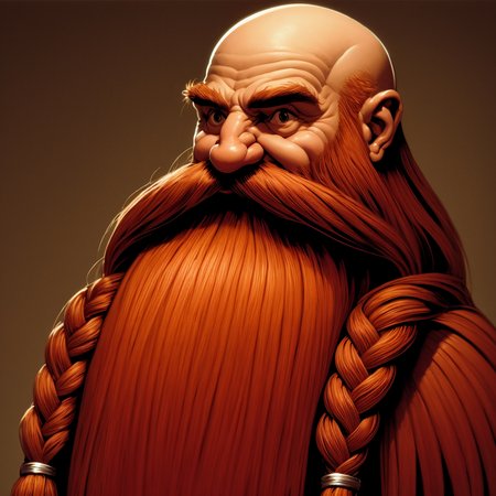 illustrated cartoon, painting, ultra detailed, masterpiece,  Harry_Dwarf,  dwarf-like, flowing long red beard, braided moustache,bald, silver bangles,  <lora:Harry_Dwarf_SD1.5:0.8>