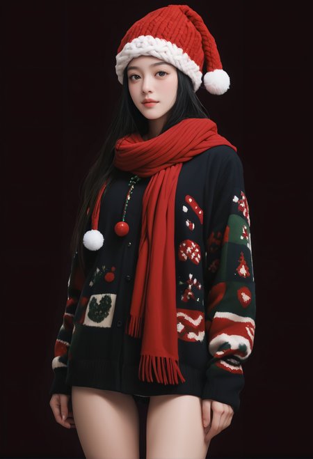 1girl,black background,,ruanyi1386,beanie,multicolored clothes,red scarf,christmas,standing,thigh gap,<lora:1386 christmas_v1_pony:1>, score_9,score_8_up,score_7_up,,8k,solo,,