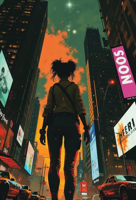 asian woman in hipster street gear, standing on Times Square with tall towers and futuristic skyscrapers, neon advertising boards for products, surreal colours, detailed night sky with stars and nebulas