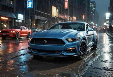 masterpiece,absurdres,8k,ford mustang, hyper realistic,shiny,ultradetailed,night,city center,rain,unreal engine,The image of the car is reflected in the puddle on the ground