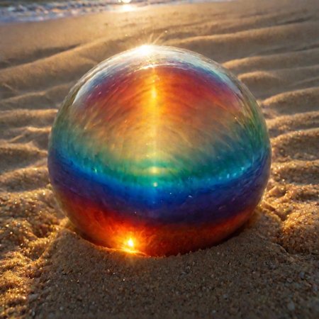 macrophotography,extreme close up of (perfectly spheric glass ball) partially buried in sand beach at sunset, rainbow highlights.  Sunset beams on the windblown sand through glasse,<lora:EnvyRefractionXL01:1>,This should be a ((masterpiece)) with a ((best_quality)) in ultra-high resolution, both ((4K)) and ((8K)), incorporating ((HDR)) for vividness. It uses a ((Kodak Portra 400)) lens for timeless, professional quality. Emphasizes a ((blurred background)) with a touch of ((bokeh)) and ((lens flare)) for an artistic effect. Enhance ((vibrant colors)) for a vivid look. Make sure the photograph is ((ultra-detailed)) and shows ((absurd)) details. Pay special attention to capturing the ((sadness)) of the subject. The goal is to create a ((professional photograph)) that is visually stunning and technically excellent, fluorescent dust, glowing dust