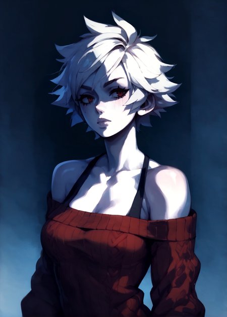 white skins, spiky red short tomboy hair, neutral expression, tight sweater, <lora:NAHIRI:1> nahiri, 1girl, solo, short hair, breasts, bare shoulders, white hair, colored skin,  <lora:RD-MAnon-XLV1.1:1>  female,, source_anime, score_9_up,  score_7_up, score_8_up